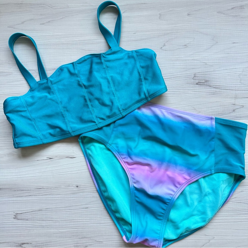 More than Magic Blue Purple Seashell Mermaid Ombré Girls High Rise Bikini Set